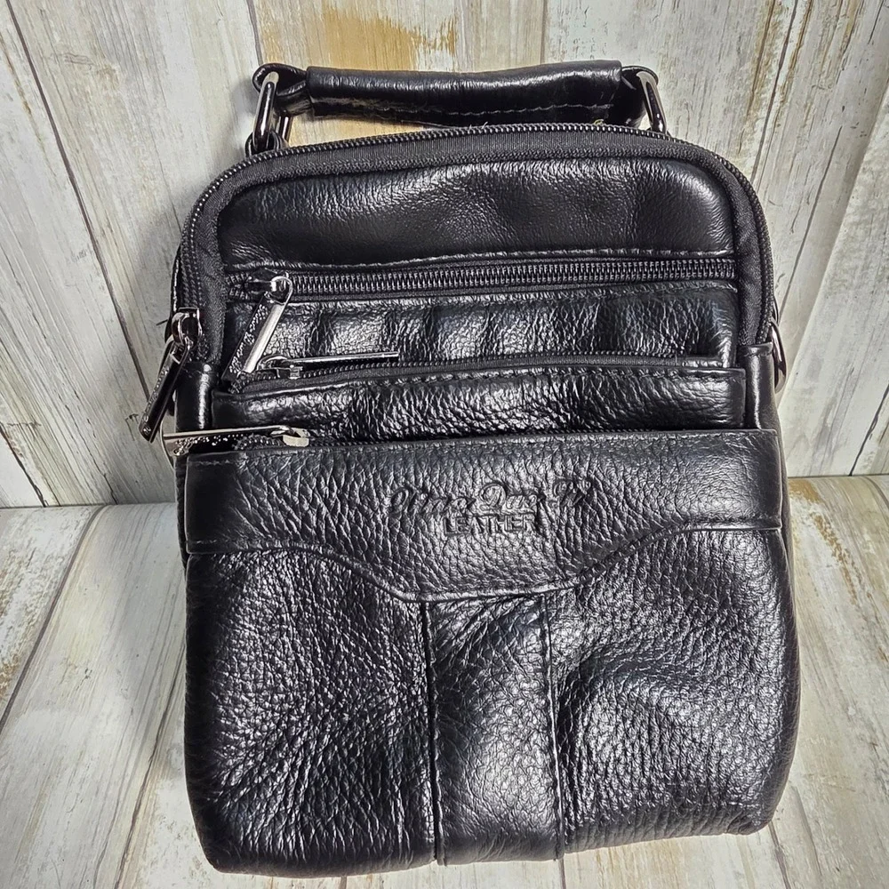 Xiao Duo Li Black Genuine Leather Messenger Crossbody Bag Multi Pocket Travel